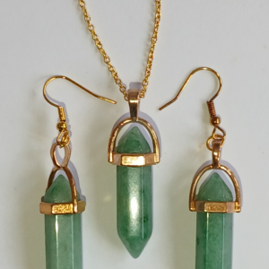 14k Gold Plated Green Emerald Gemstone Bullet Pendant Necklace Earring Set