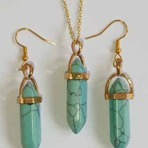 Blue Turquoise Gemstone 14k Gold Plated Bullet Pendant Necklace Earring Set