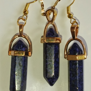 Blue Lapis Lazuli Sapphire Gemstone 14k Gold Plated Bullet Pendant Necklace Earring Set