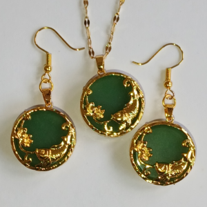 14k Gold Plated Dainty Green Jade Emerald Gemstone Pendant Necklace Set