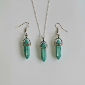 Sterling Silver Plated Blue Turquoise Gemstone Bullet Pendant Necklace Earring Set