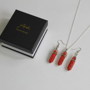 Sterling Silver Plated Red Turquoise Gemstone Bullet Pendant Necklace Earring Set.