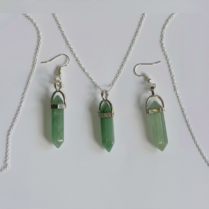 Sterling Silver Plated Green Emerald Bullet Pendant Necklace Earring Set
