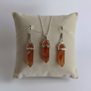 Sterling Silver Plated Brown Carnelian Gemstone Bullet Pendant Necklace Earring Set