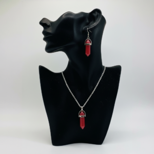 Sterling Silver Plated Red Ruby Gemstone Bullet Pendant Necklace Earring Set